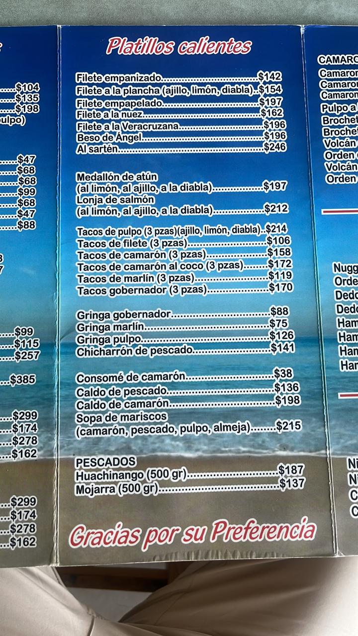 Menú Platillos Calientes, Tacos y Pescados